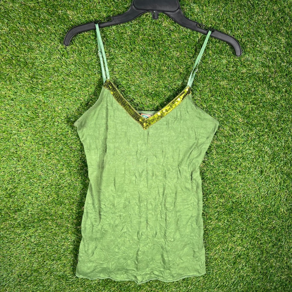 Weavers Girl Green Sequin‎ V-Neck Crinkle Cami Top Y2K Small